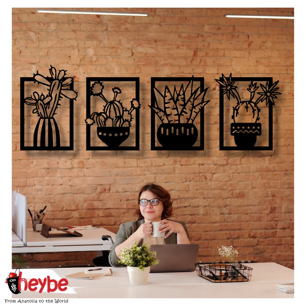 Деревянный набор из 4-х цветущих кактусов для украшения стены идеи подарка качества черный современный природа пустыня дом офис северный стиль спальня гостиная.