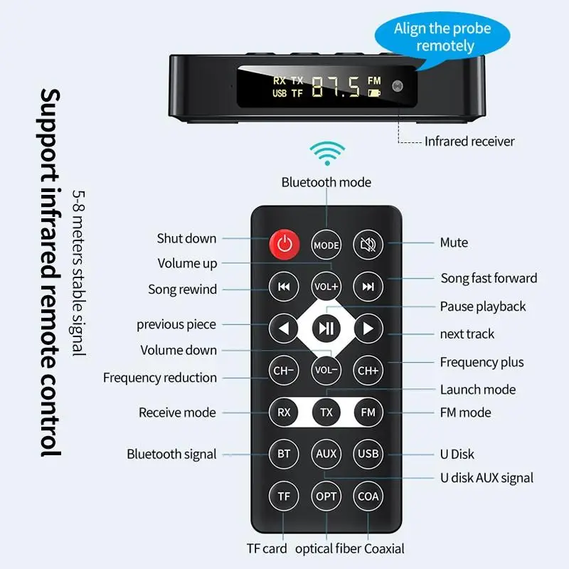 Bluetooth 5 0 передатчик FM стерео приемник AUX 3 мм разъем RCA оптический с руководством