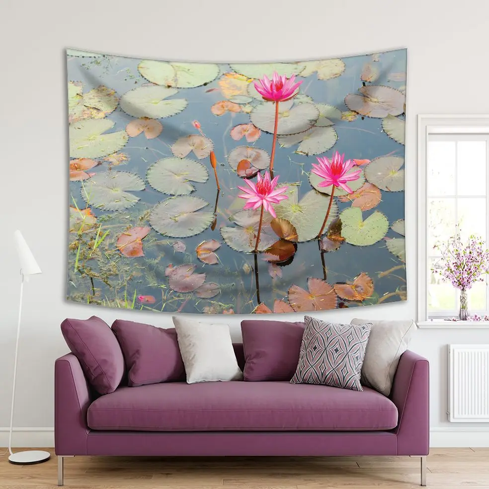 

Tapestry Lotus Flowers Waterlilies Pond in Oriental Exotic Nature Aquatic Plants Decorative Photo Printed Pink Green Brown