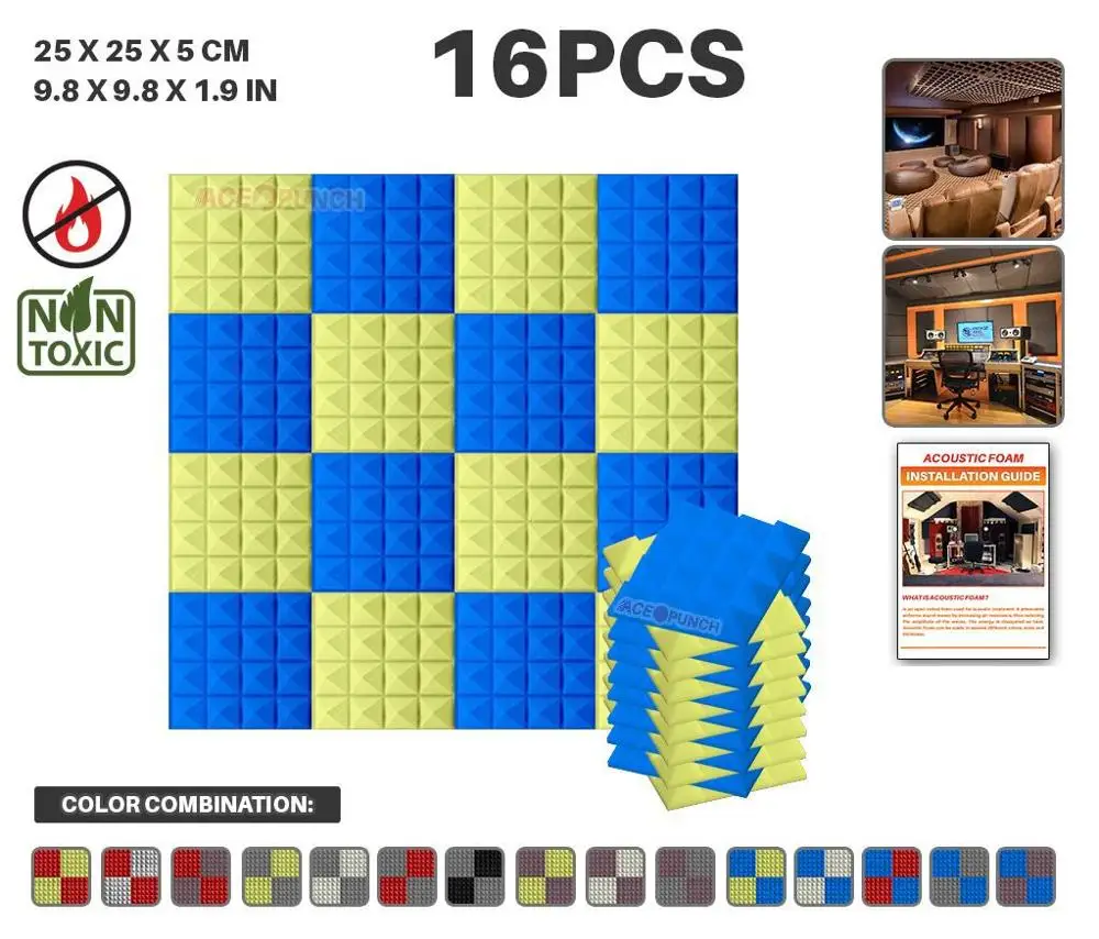 Blue and Yellow Arrowzoom 16 шт. набор цветов 9," x 9,8" x 1," Пирамида плитка студия Звукопоглощающая Панель акустическая пена AZ1034 - Цвет: Blue and Yellow
