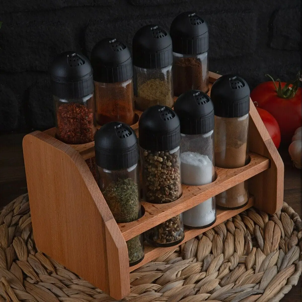 Black Cap 8'li Spice Rack Set wooden stand glass special design kullanıuşlı organizer kitchen 2021 popular salt and düğer spice