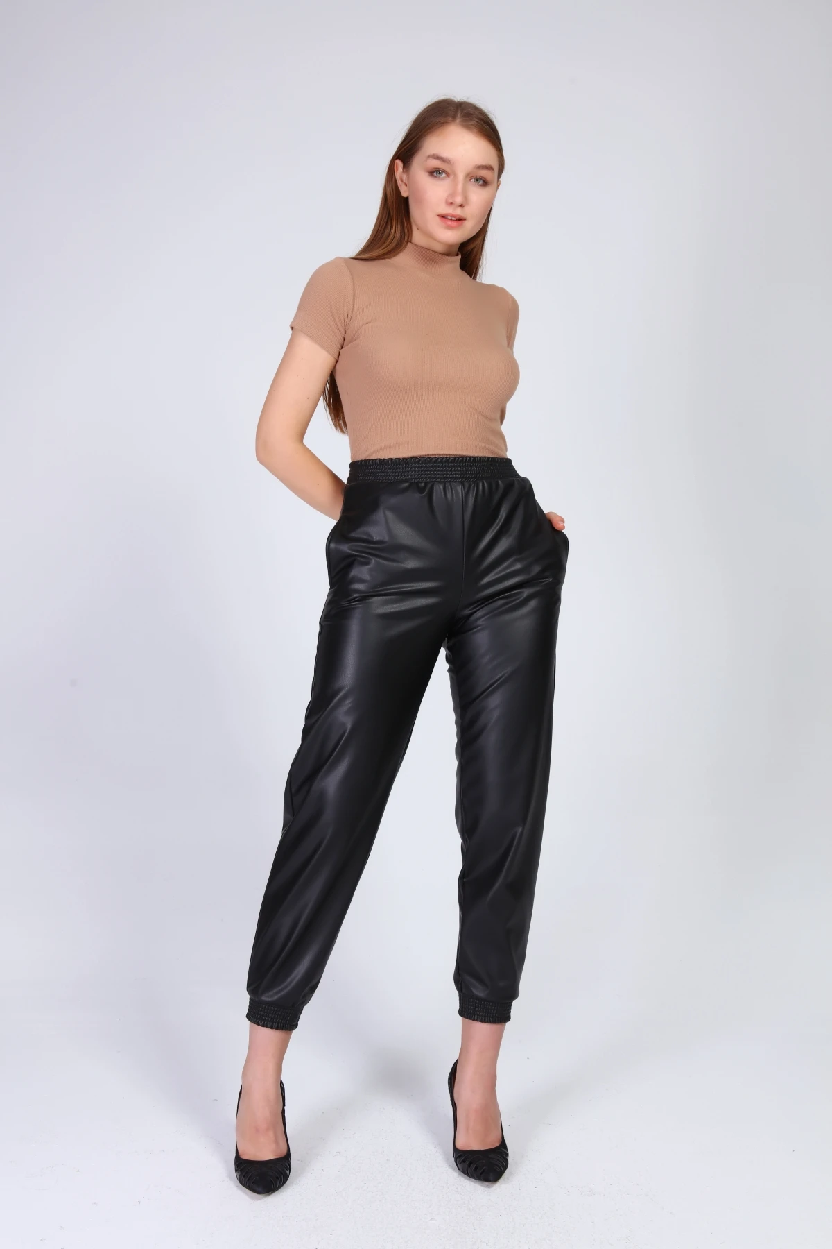 

New Season Fashion Faux Leather High Waist Jogger Trousers Soft Elastic Fabric