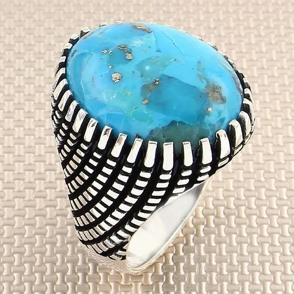 

Dished Oval Blue Raw Arizona Turquoise Stone Men Silver Ring With Symmetrical Motif Made in Turkey Solid 925 Sterling Silver