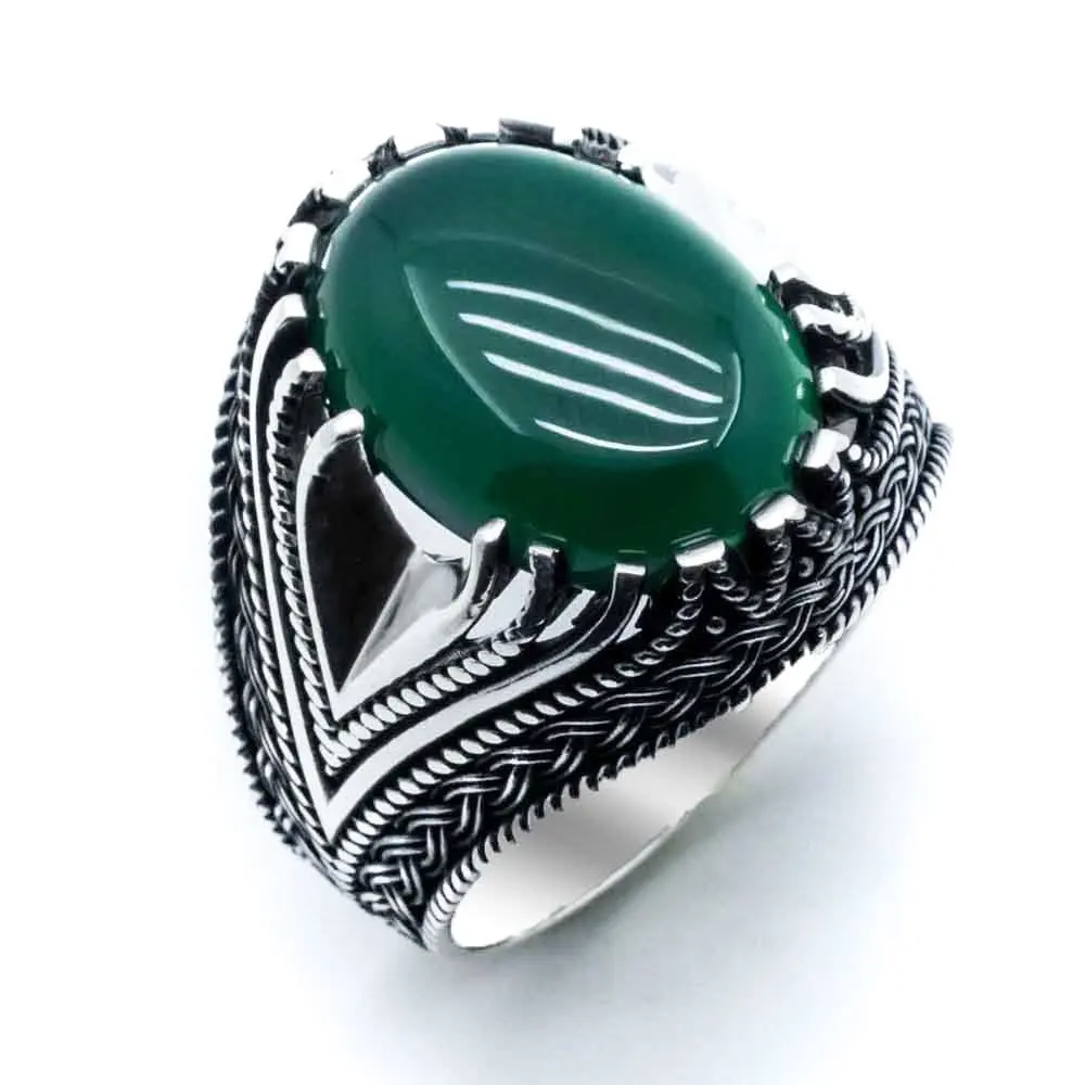 Мужское кольцо из 925 пробы серебра и зеленого Агата|Кольца| |