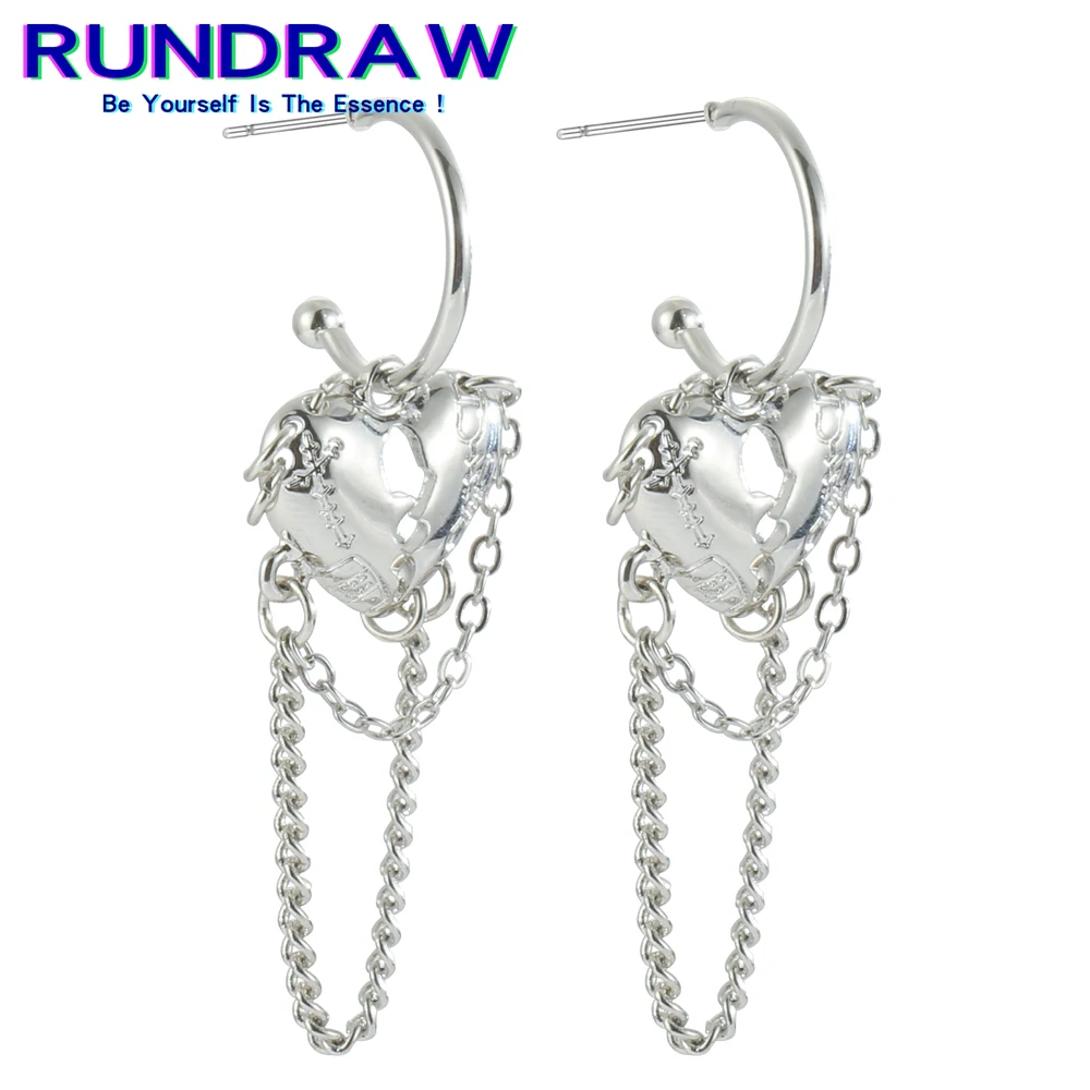 

Rundraw Punk Women Hiphop Metal Broken Peach Heart Earrings Korean Fashion Ear Rings Jewelry Vintage Chain Tassel Earings Bar