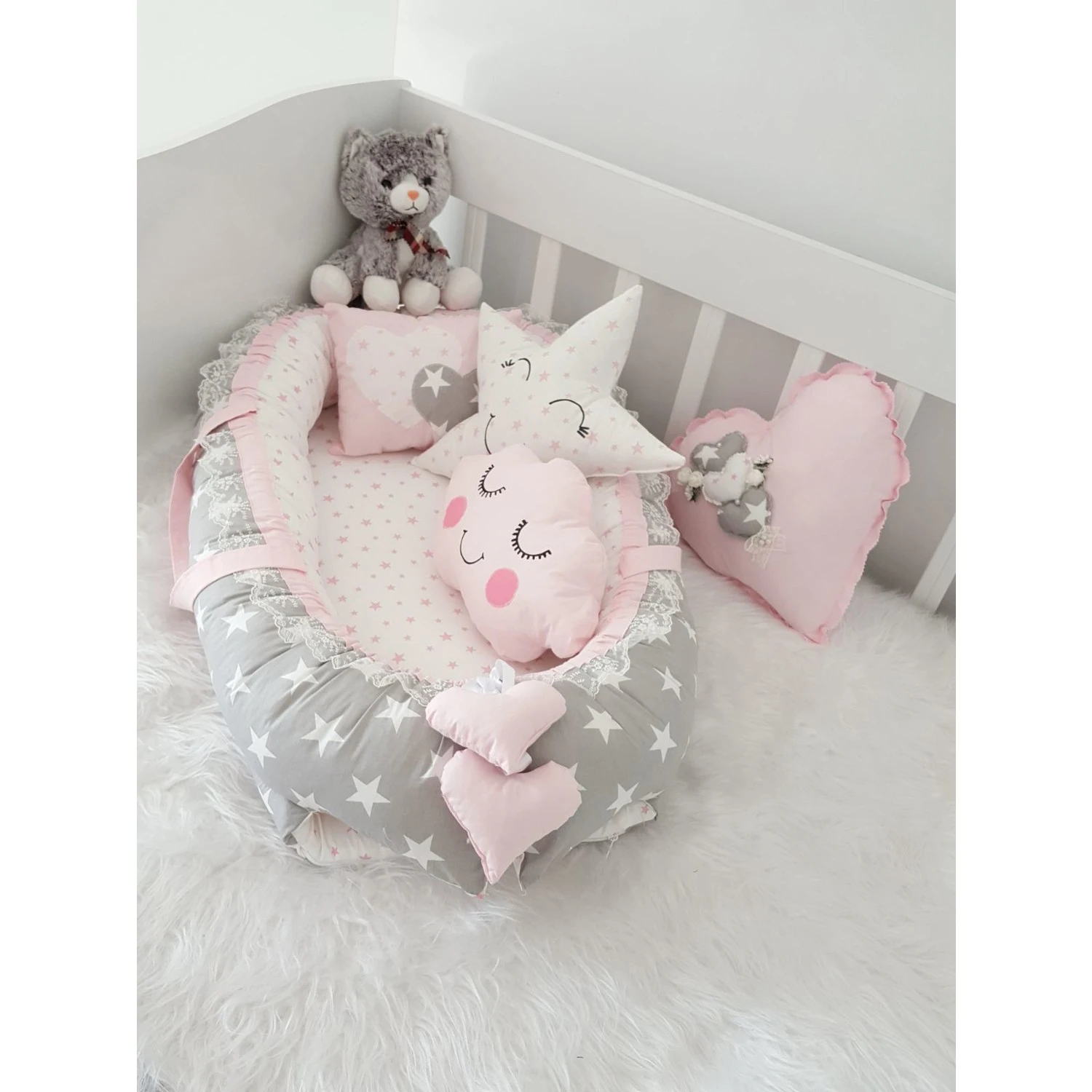 Jaju Baby Handmade Gray and Pink Pattern Design Luxe Orthopedic Babynest 5 Pieces Set Mother Side Portable Baby Bed Bedding Set