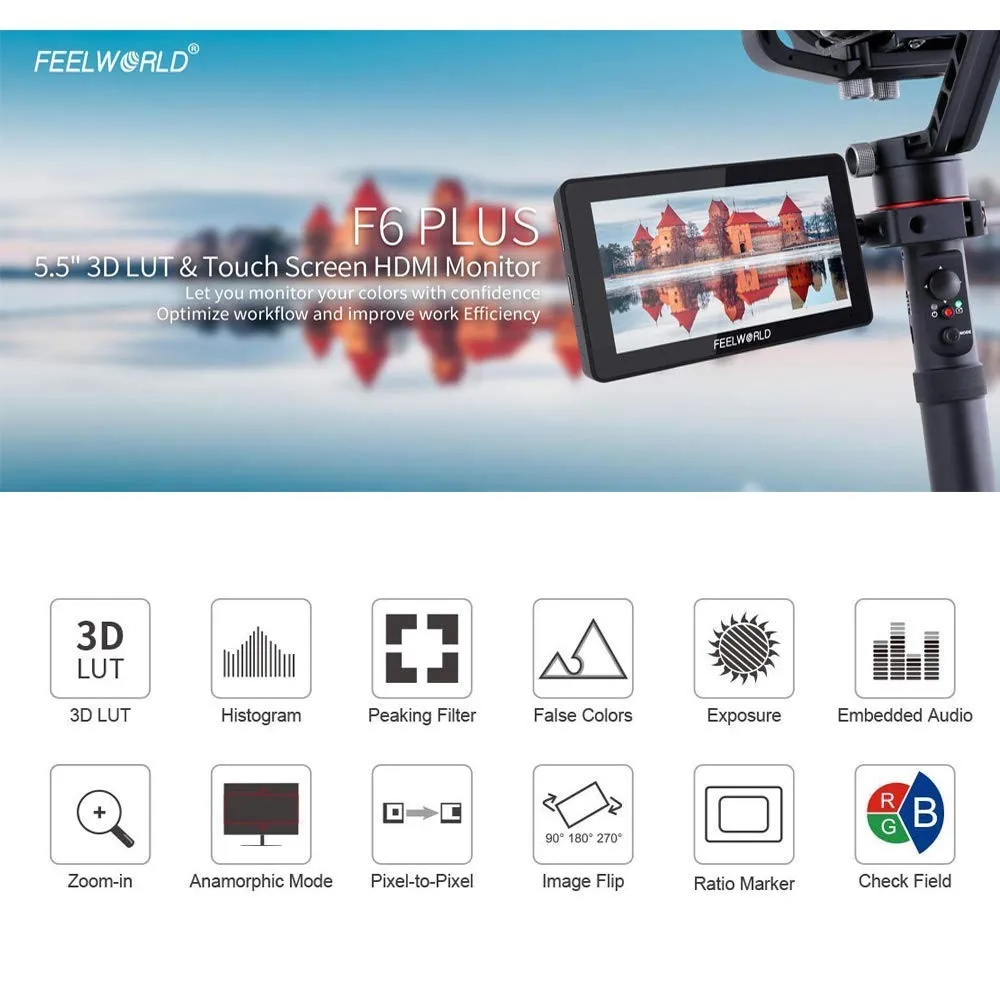 FEELWORLD F6 Plus 5,5 дюймов для однообъективной цифровой зеркальной фотокамеры камера полевой монитор 3D LUT сенсорный экран Поддержка 4K HDMI ips FHD 1920X1080 с наклонной рукояткой