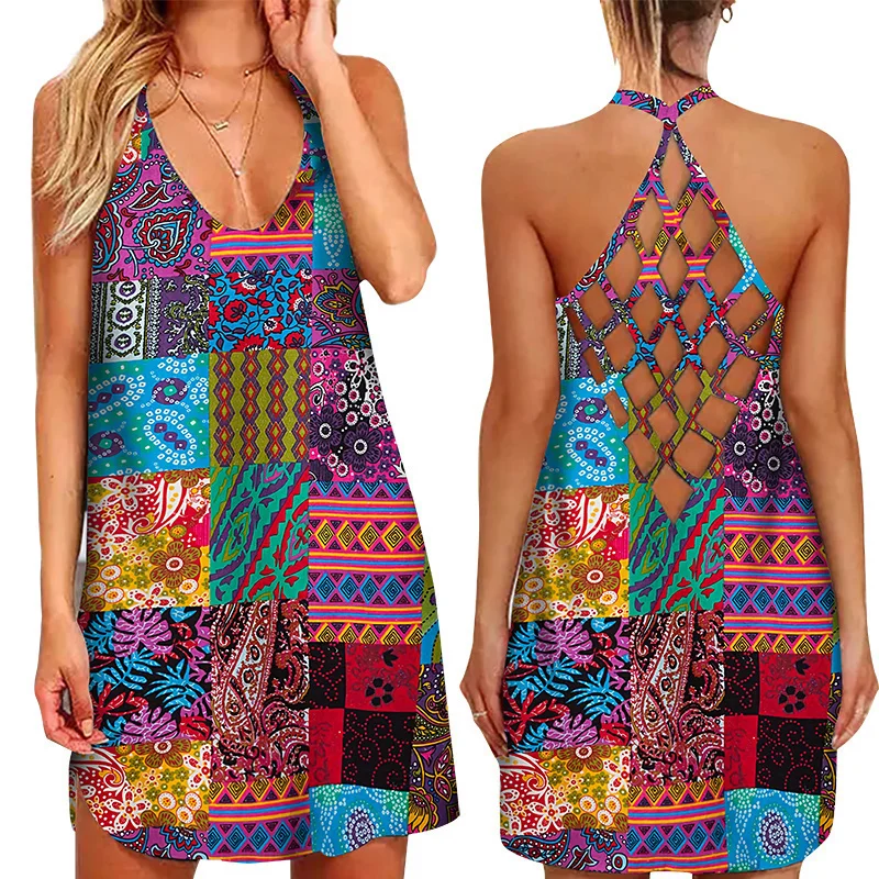 

African Print Mini Dresses for Women's Clothing 2022 Summer New Casual Loose Sexy Hollow Out Sleeveless O-Neck Beach Sundress