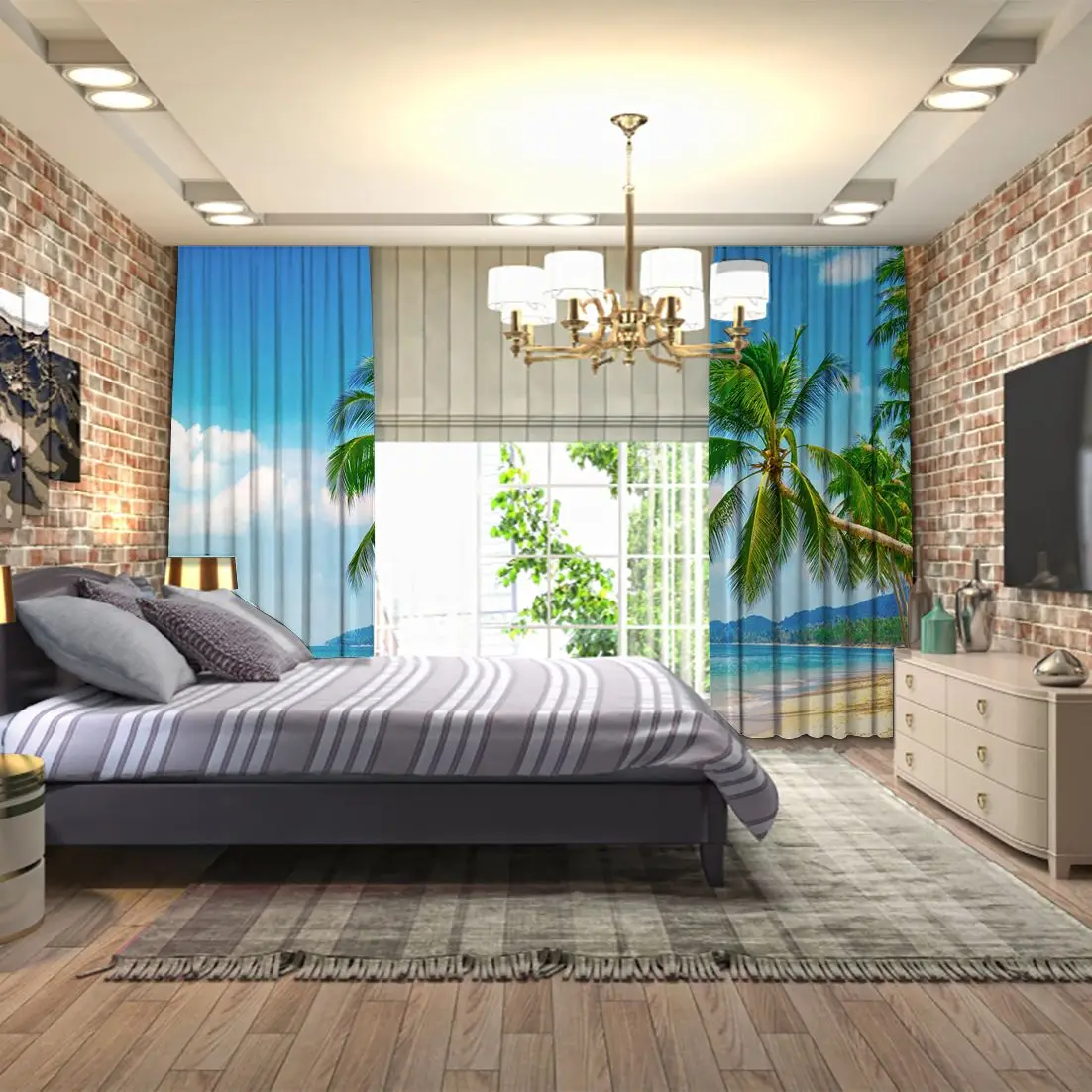 Занавеска тропический пляж пальмы с вокруг пушистых облаков на небе сохранять