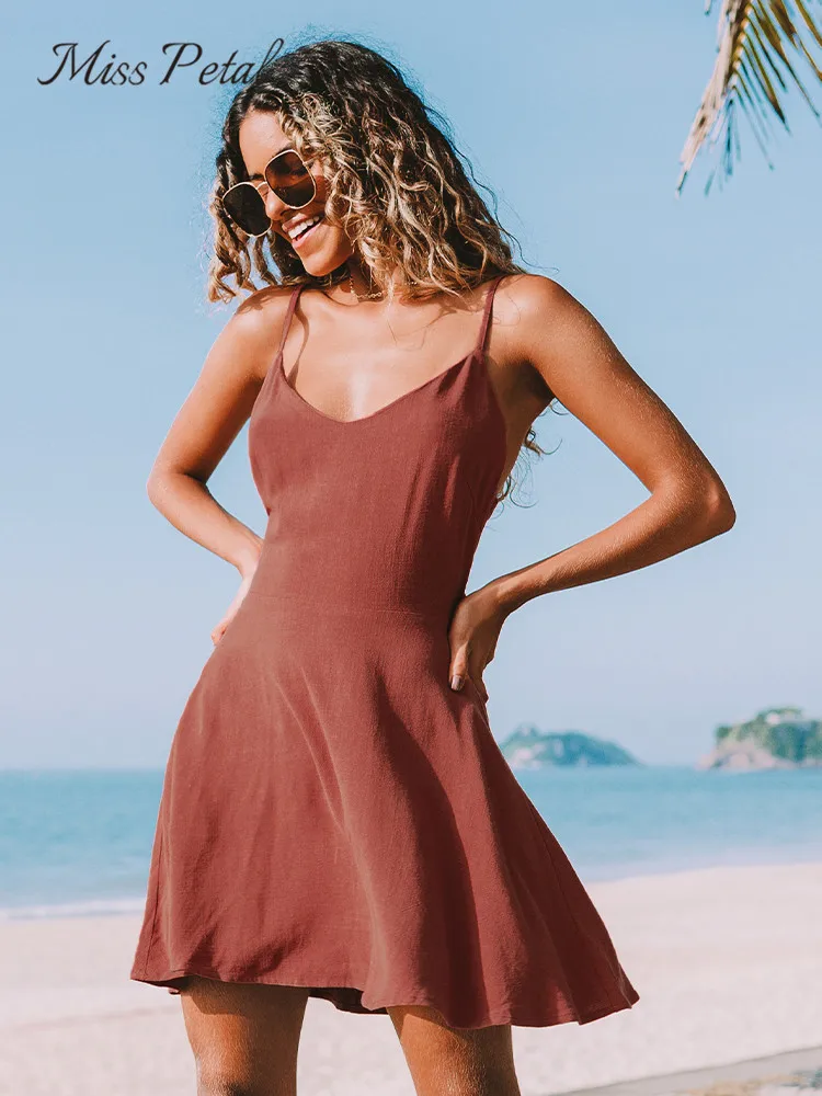 

Женское мини-платье с открытой спиной MISS PETAL, красное пляжное платье на бретелях-спагетти с V-образным вырезом и шнуровкой, летний сарафан 2022