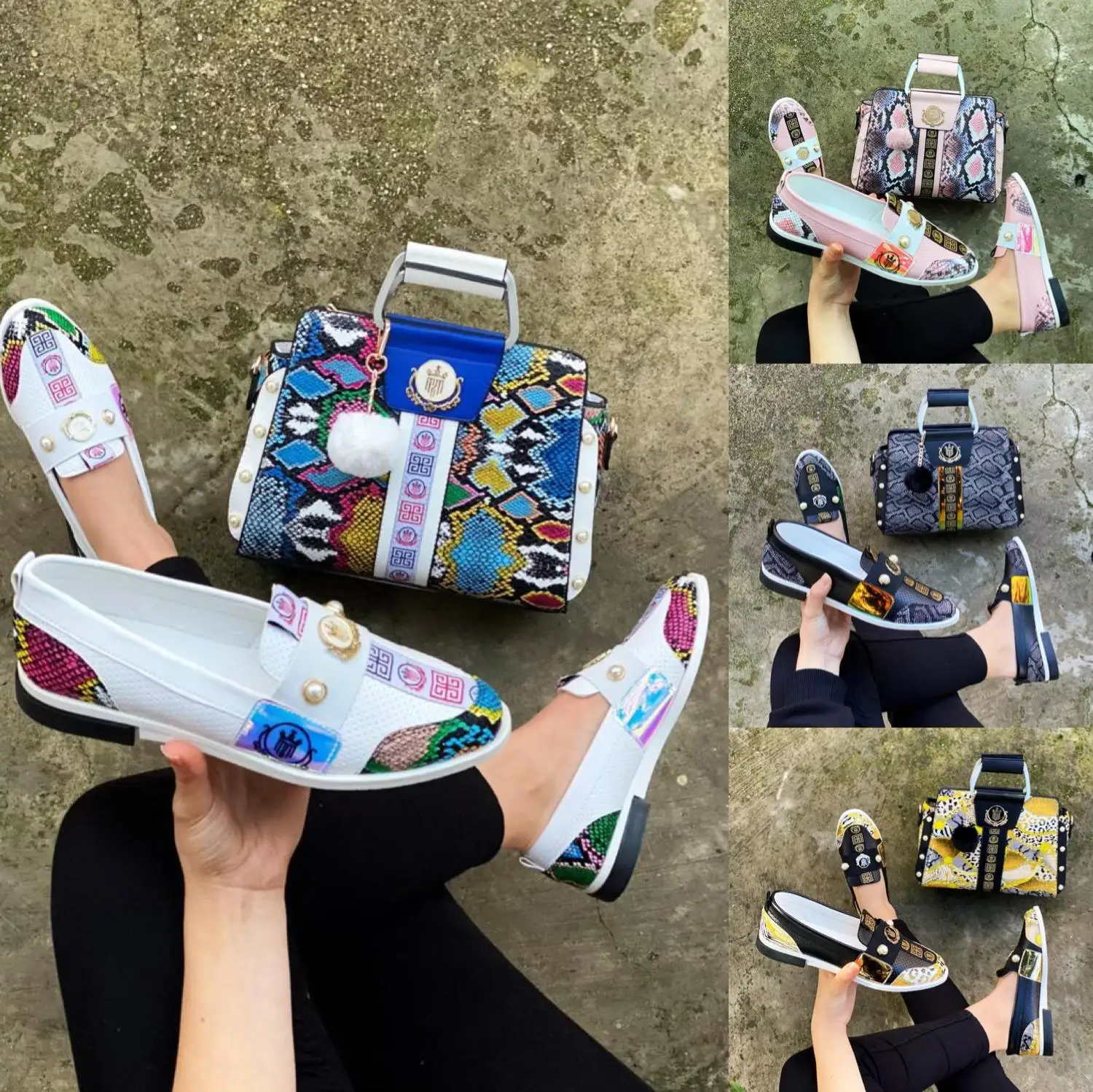 

white,Red,Blue,color flat shoes and bag set B119