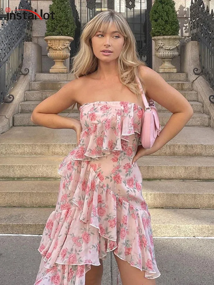 

InstaHot Kawaii Floral Print Women Halter Mini Dress Cascading Ruffle Summer Sexy Fashion Elegant Vacation Beach Party Clothing