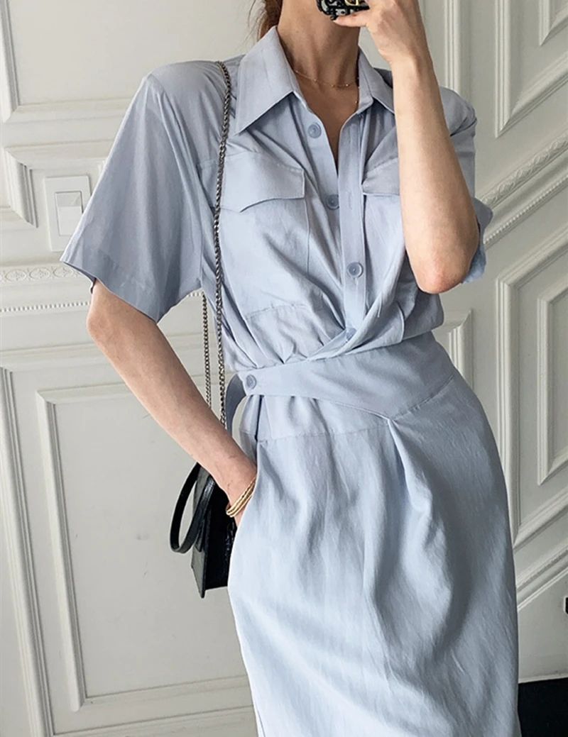 

Summer Women Elegant Shirt Dress Short Sleeve Casual Buttons High Waist Lace Up Midi Clothes Vestidos Robe