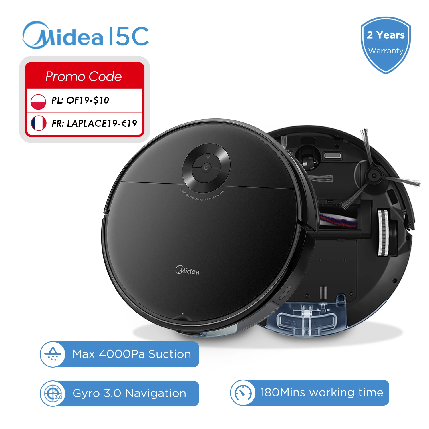

Midea I5C Robot Vacuum Cleaner 4000Pa Strong Suction Power Sweep Mopping 3 in 1 Remote App Control for Home Floor Carpet