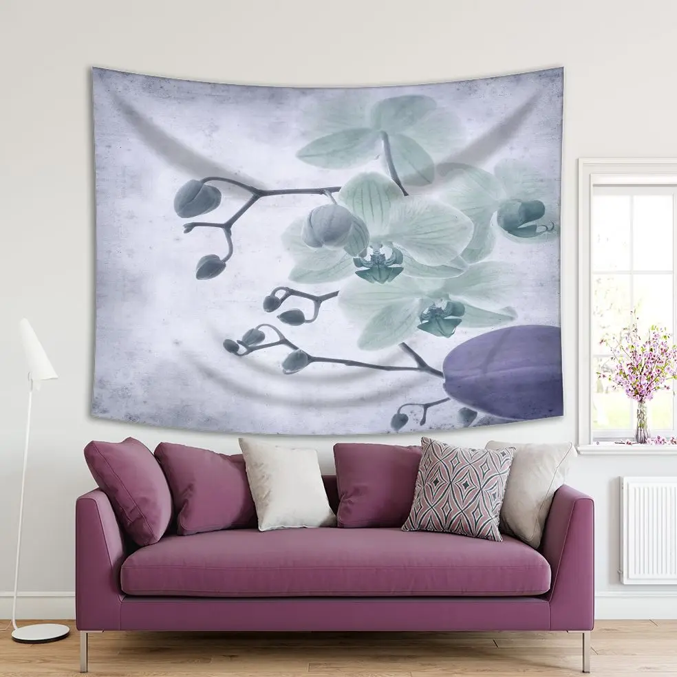 

Tapestry Orchid Flowers Phalaenopsis Photo in Vintage Colors Floral Artwork Printed Purple Green Gray