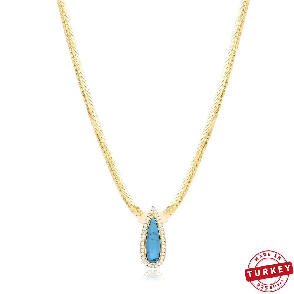 

Silver Turquoise Stone Necklace Vintage Style Pear Stone Necklace Handmade 925 Sterling Silver Jewellry