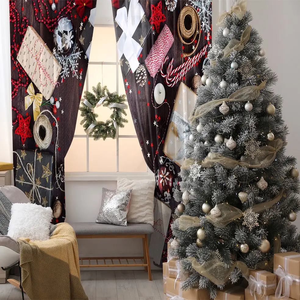 

Curtain Ornaments Colorful Baubles Pine Cones Snowflakes Wrapped Gifts on Wooden Table Photo Red Beige Brown