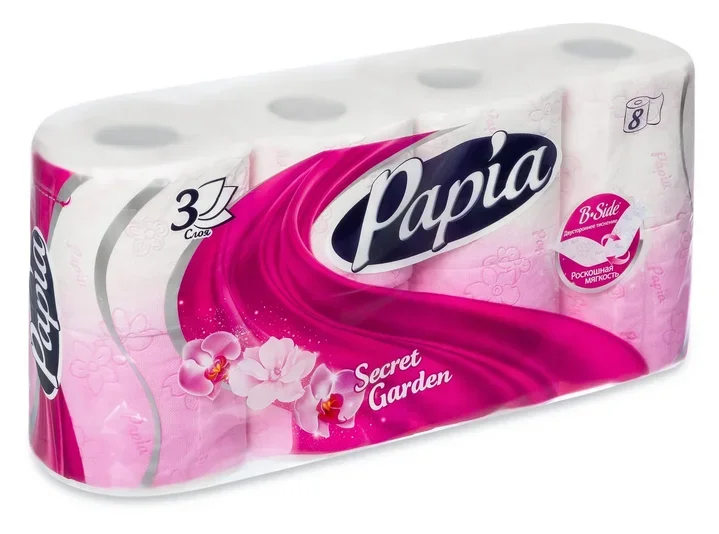 Туалетная бумага PAPIA Таинственный Сад 3 слоя 8 рулонов | Красота и здоровье