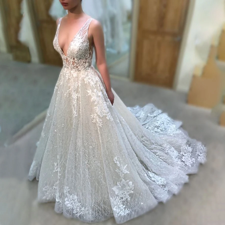 

V-neck Open Back Silver Sequin with Lace Applique A-line Wedding Dress vestido de novia encaje Customized Made Bridal Dress
