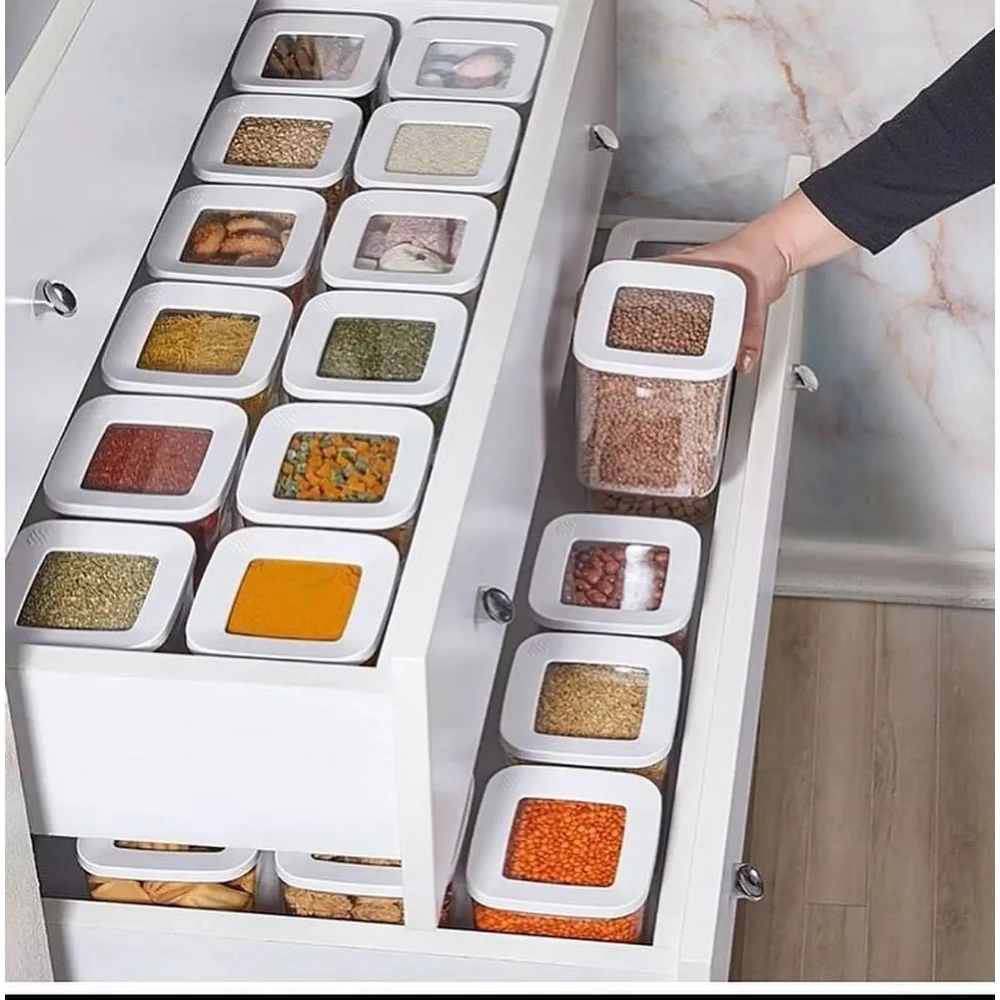 

12 PCS Kitchen Food Storage Box Container Set Organizer Square Vacuum Lid Airtight Jars Pantry Noodle Legume Cereals Rice Pasta