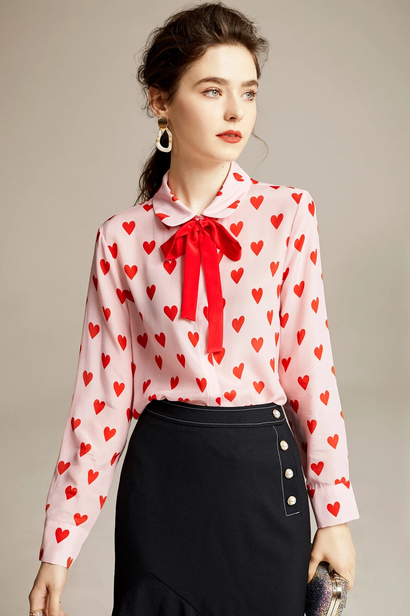 

100% Pure Silk Women's Runway Shirt Peter Pan Bow Collar Long Sleeves Sweathearts Printed Elegant Blouse Shirt