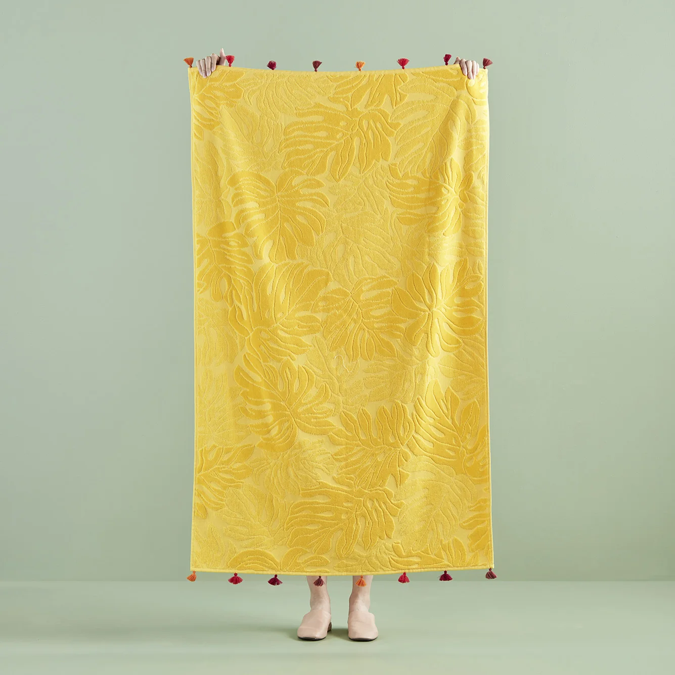 

Majaroca Luxury Beach Towel 100% Cotton Tasseled, Velvet and Jacquard Yellow Lux Beach Towel (90x150 cm) Made in Turkey