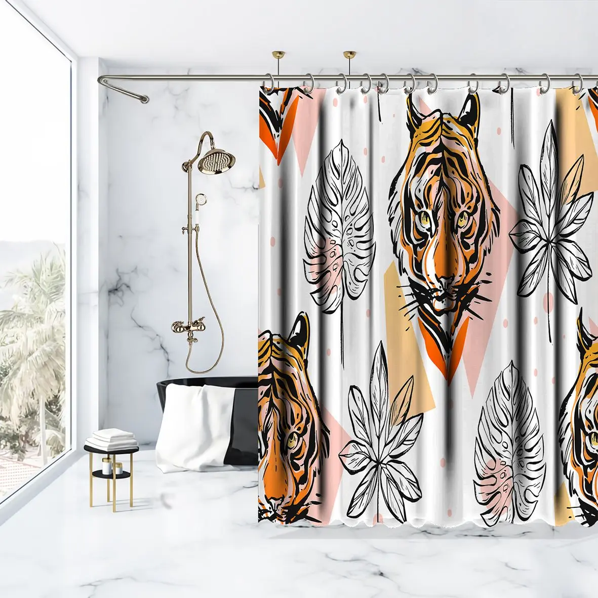 Занавеска для душа с тигром и тропическим растением листья экзотические дикие