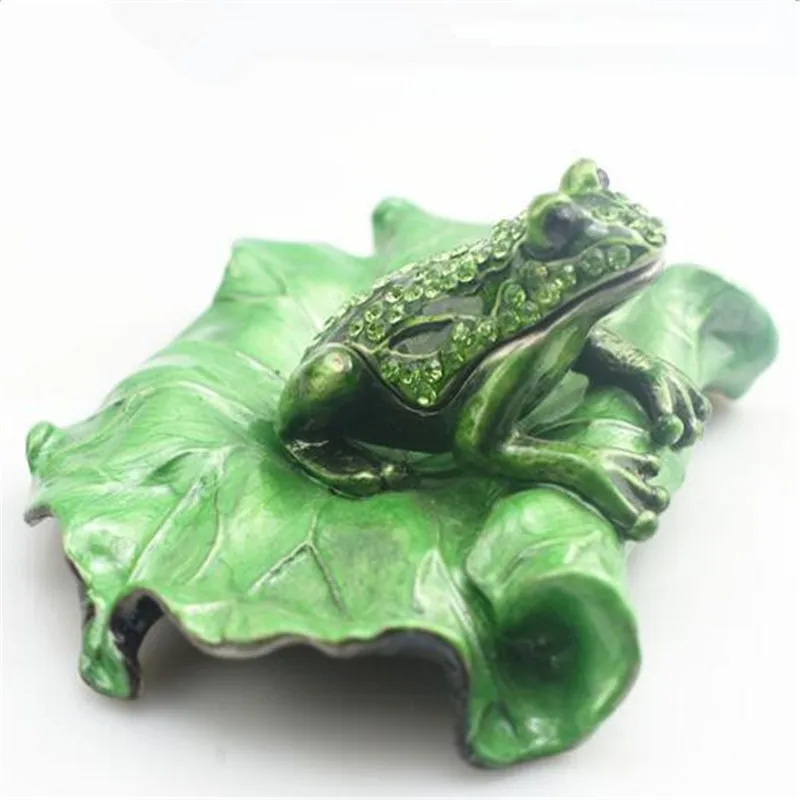 

Crystal Green Metal Frog Trinket Box Rhinestone Enamel Decorative Earring Necklace Jewelry Storage Box Home Decor
