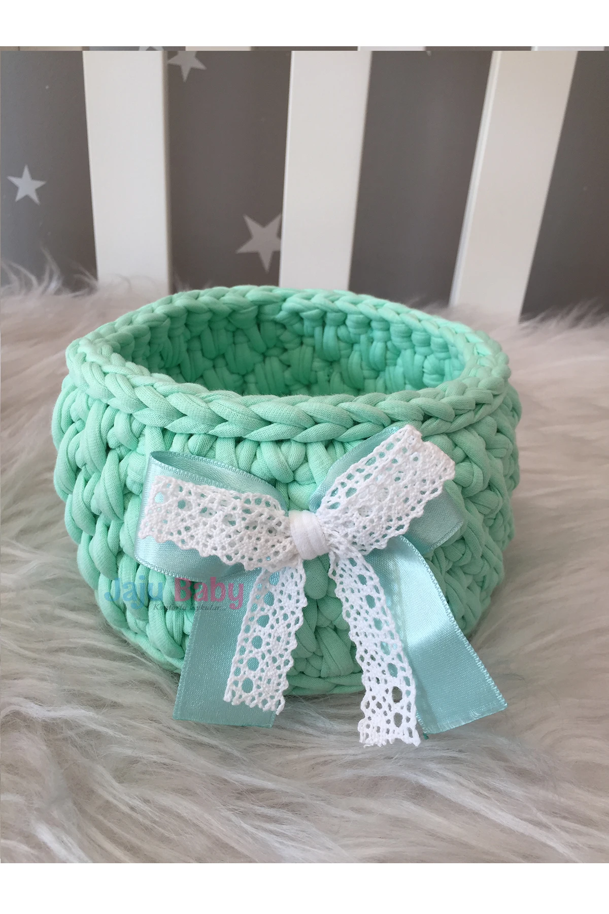

Jaju Baby Handmade, Water Green Small Knitted Basket 15 cm, Kids Room Organizer