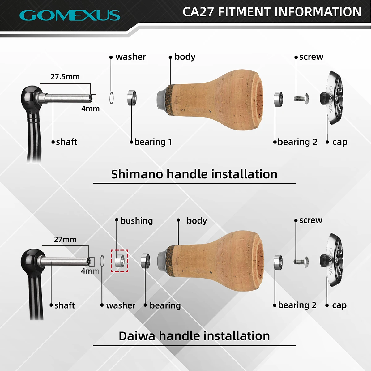 Gomexus New Cork Fishing Reel Handle Knob 27mm For bass fishing For Shimano Stradic CI4 Stella Daiwa Reel Handle A27