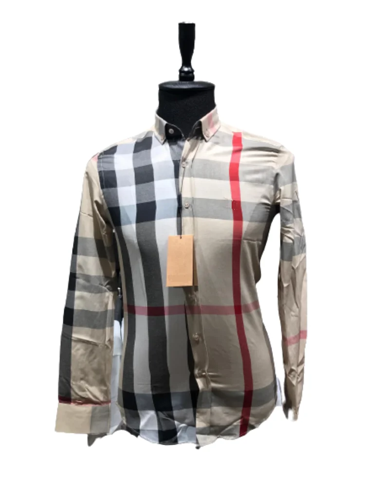 Мужская хлопковая рубашка с длинным рукавом приталенная Повседневная в клетку