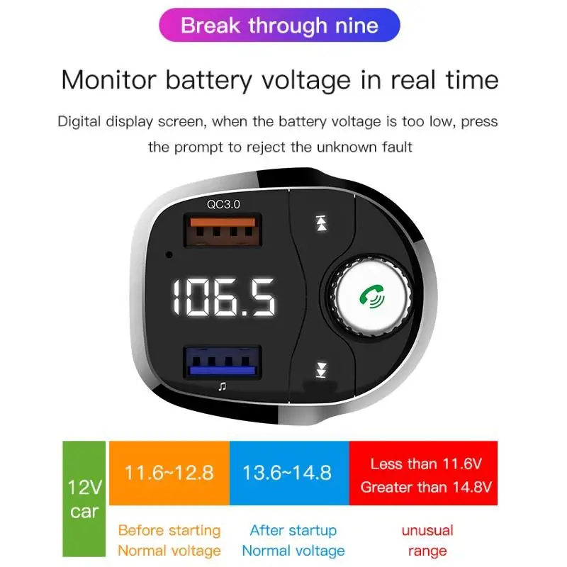 Автомобильный FM-передатчик QC3.0 Bluetooth стерео MP3-плеер светодиодный дисплей монитор