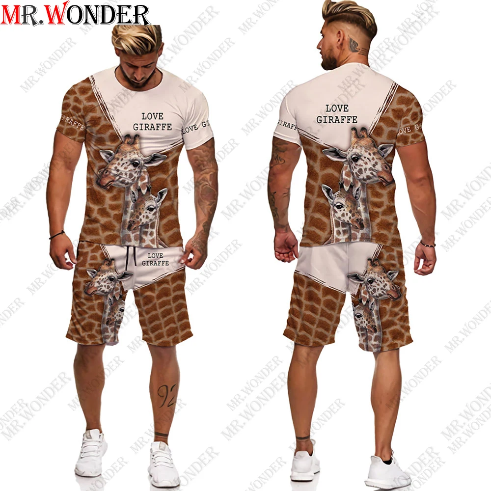

Мужской тренировочный костюм Mr.Wonder, повседневный комплект из футболки с 3D-принтом жирафа и животных, уличная одежда в стиле хип-хоп с коротк...