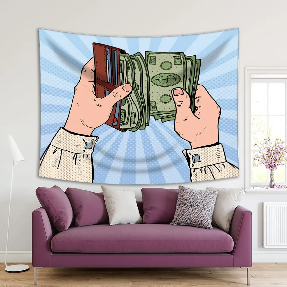 

Tapestry Pop Art Businessman Hands Holding Wallet with Money Retro Design in Green Blue Fun Print