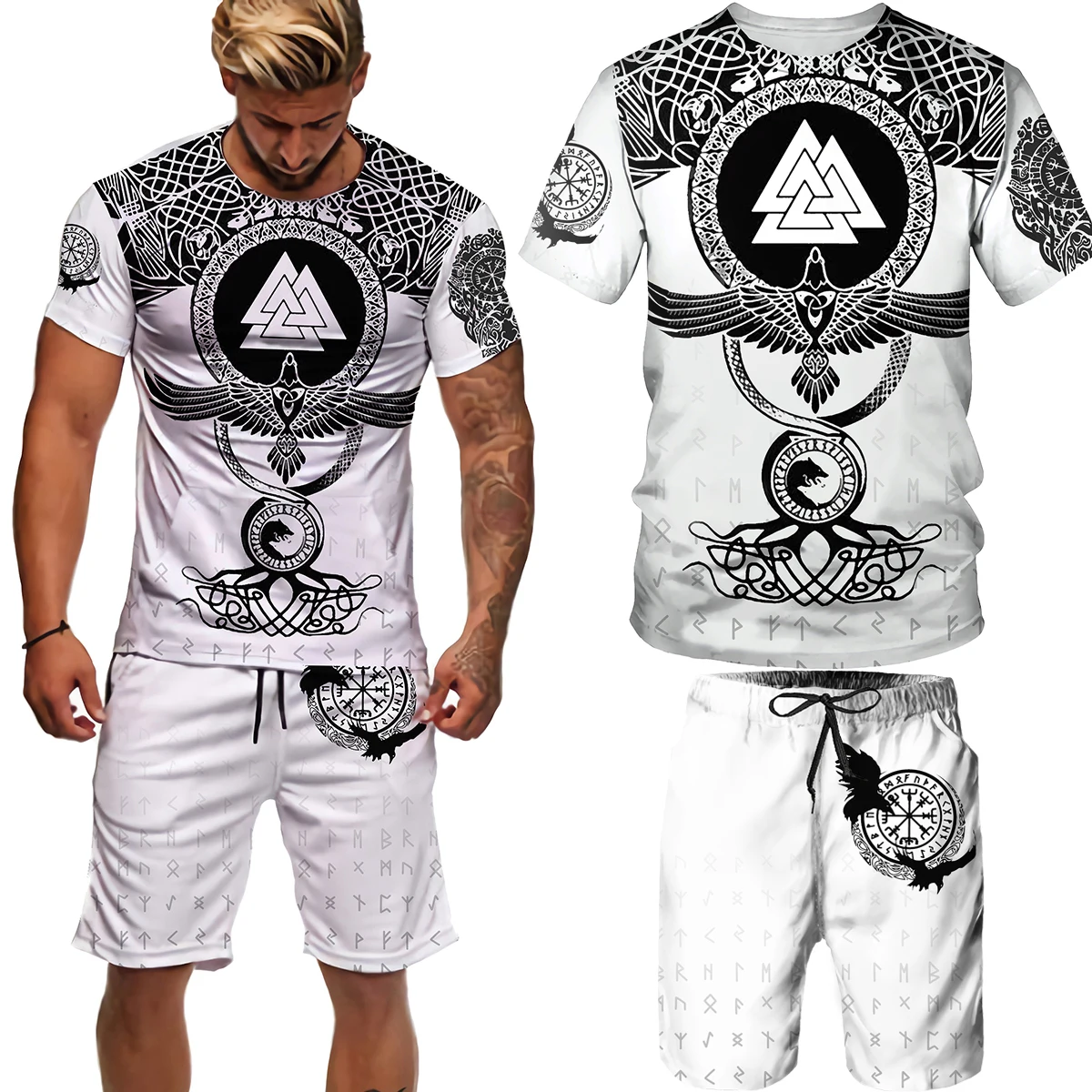 Yaz Viking Odin 3D baskılı T Shirt erkekler spor erkek eşofman T-shirt şort takımı O boyun kısa kollu erkek giyim takım