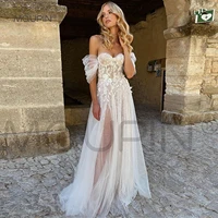 mqupin sexy off shoulder wedding dresses with tulle pleated sleeves illusion boho bridal gown for 2022 summer women beach a25