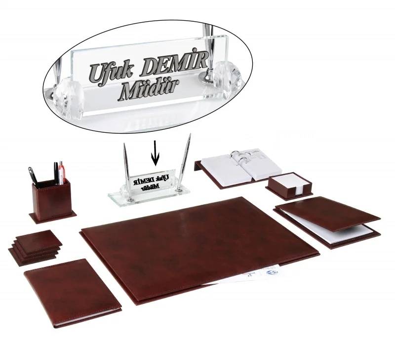 AKSU Office Business Leather Claret Red Desk Set Desk Pad Set Name Plate Set and Crystal Table Nameplate Accessories Set