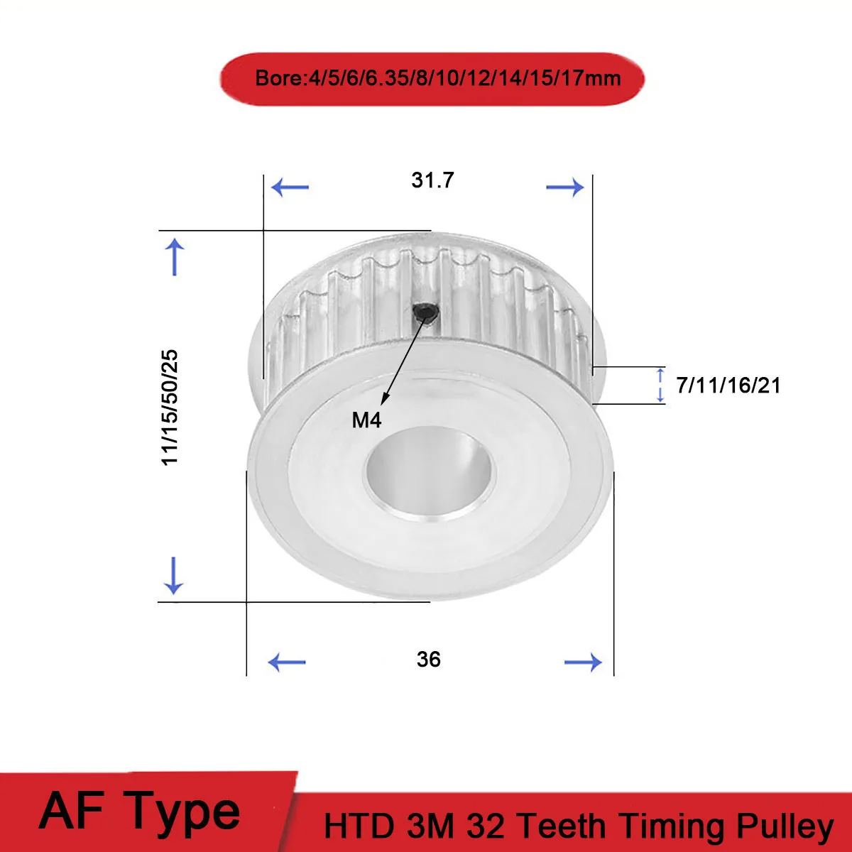 

HTD 3M 32 Teeth Timing Pulley Bore 4~20mm Gear Pulley 3mm Pitch Teeth Width 7/11/16/21mm Aluminum Synchronous Timing Belt Pulley