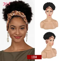 deyngs turban wrap wig 2 in 1 afro puff hairband bun drawstring headwrap synthetic short kinky curly headband updo wig