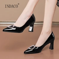 spring women heels leather fashion pointed toe thick heel shoes 6 5cm rhinestone buckle decoration party shoes blue