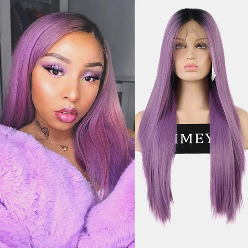 

AIMEYA Dark Roots Ombre Purple Long Silky Straight Synthetic Lace Front Wig 13×6 High Temperature Hair Lace Wigs for Women