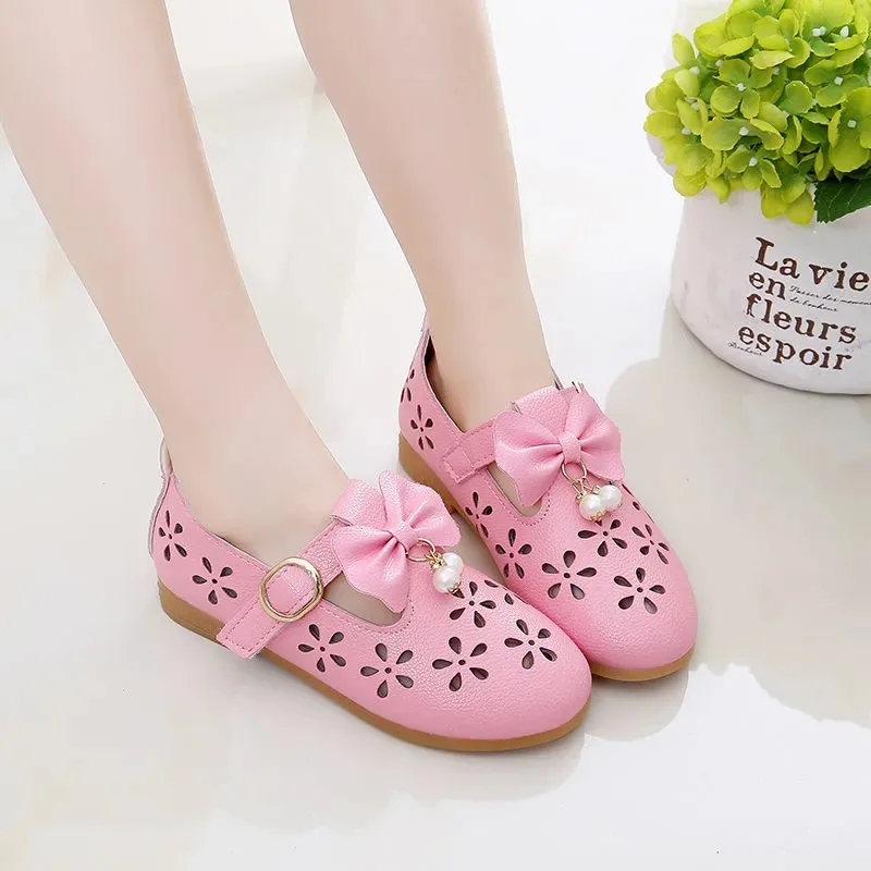 

Closed Toe Bowknot Pearls Princess Shoes Baby Girls Kids Summer Hollow-out T Strap Sandals Toddler Infants Leather Cutout Shoes