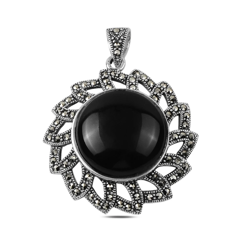 

Silver 925 Sterling Marcasite & Onyx Gemstone Pendant