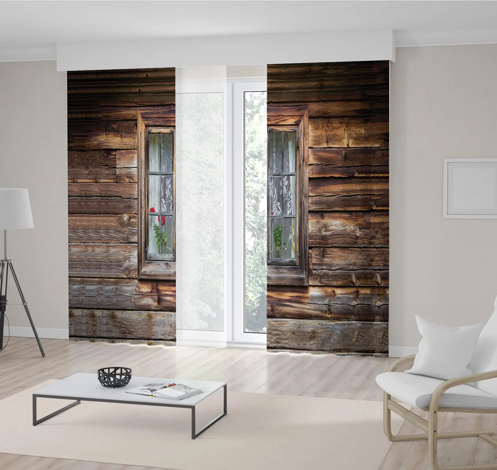 

Curtain Window and Old Wooden Walls Flowers Plants in Pots Countryside Village House Printed Brown Color