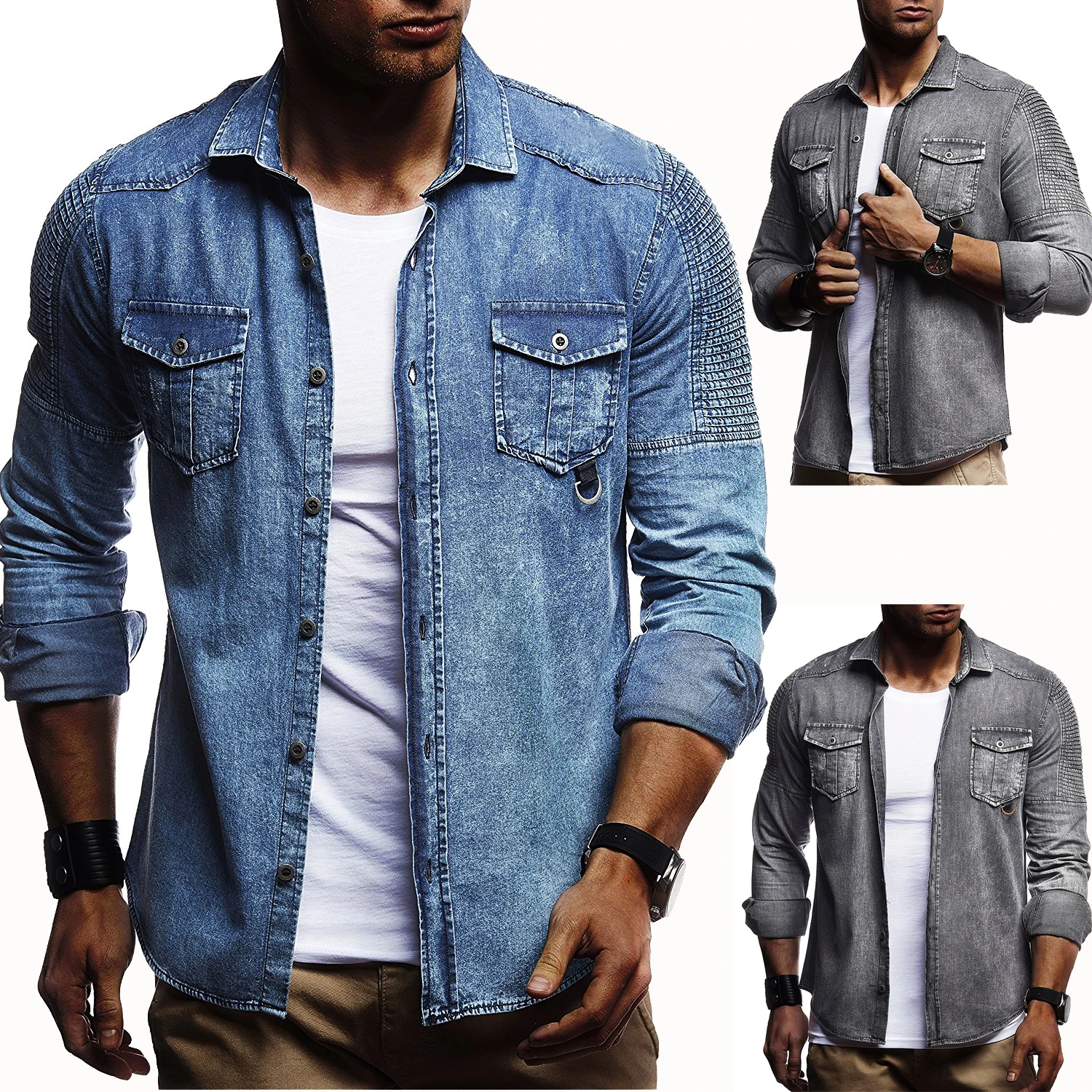 Men's Shirt Long Sleeve Denim Shirt Hawaiian Social Button Up Cardigan Blouses Wholesale Single Breasted Turn-down Collar Broad