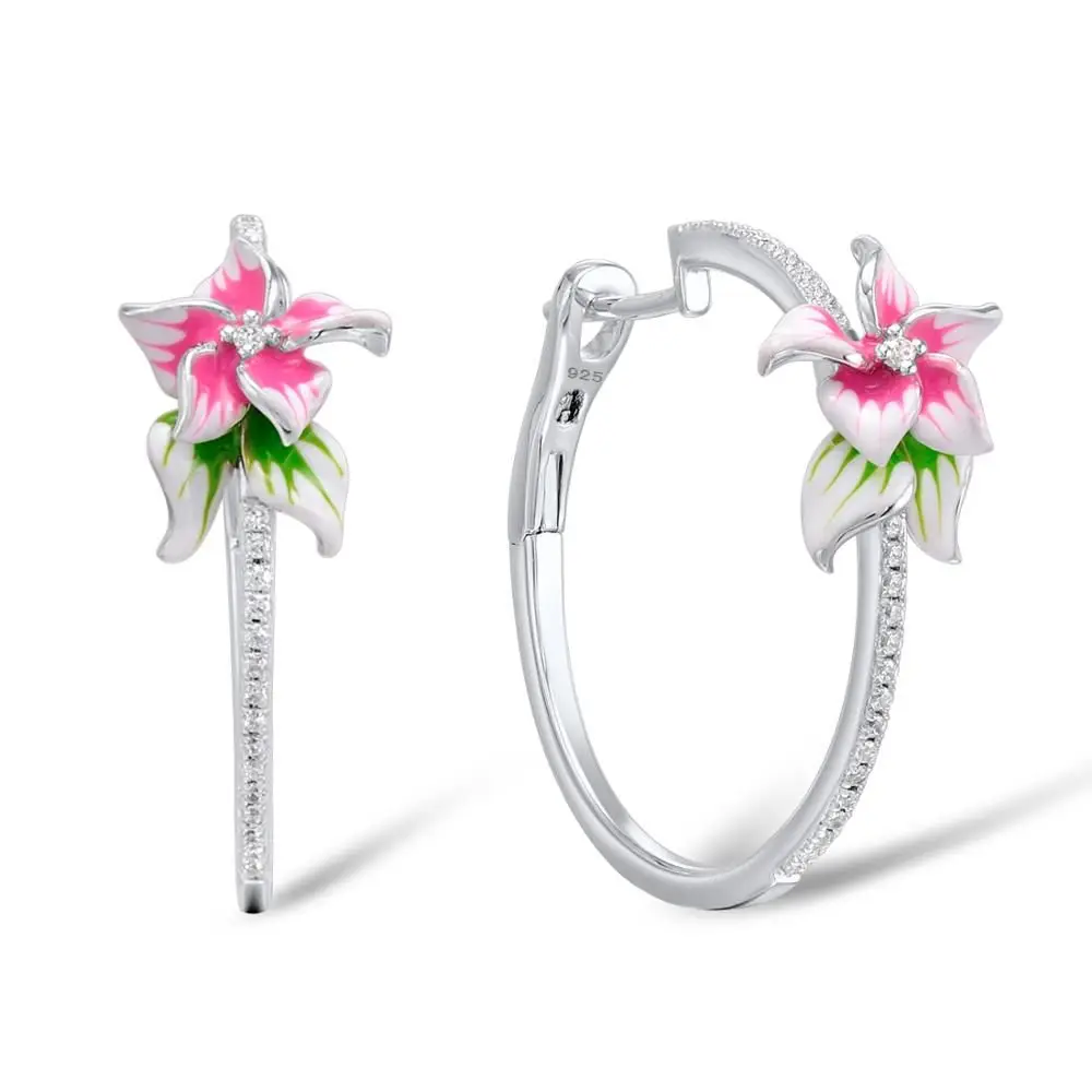 

Pink Flower Sparkling Hoop Earrings