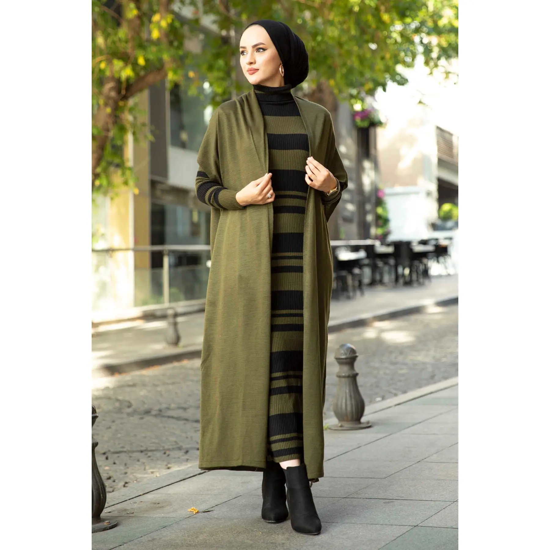 

2 Piece Women's Set Stipe Patterned Maxi Dress and Bat wing Sleeve Maxi Cardigan Knitted Suit Turkish New Colors Muslim Clothing