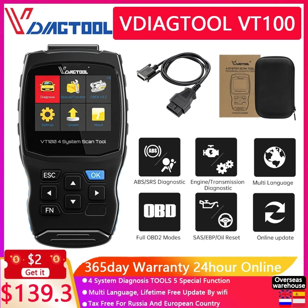 

VDIAGTOOL VT100 OBD2 Auto Diagnostic Tool Engine ABS Airbag SRS Transmission For car Code Reader Scanner Automotive tools