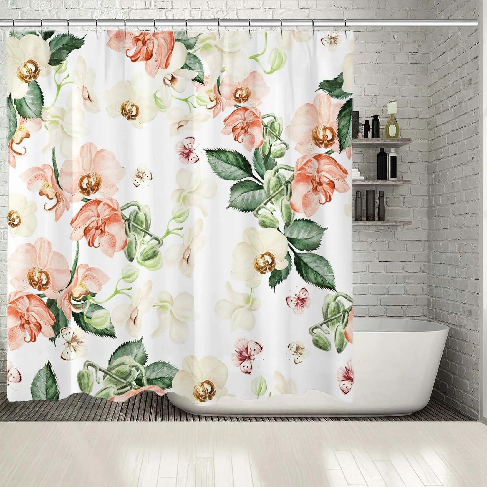 Занавеска для душа цветы орхидеи бабочки волшебный сад Винтажный стиль