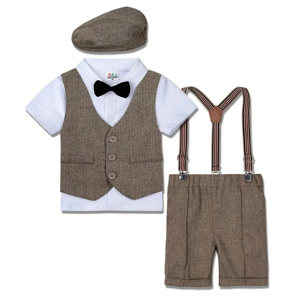 

Baby Wedding Suit Boys Gentleman Outfit Infant Baptism Tuxedo Toddler Birthday Party Gift Clothing Set Bow Tie Suspender Overall